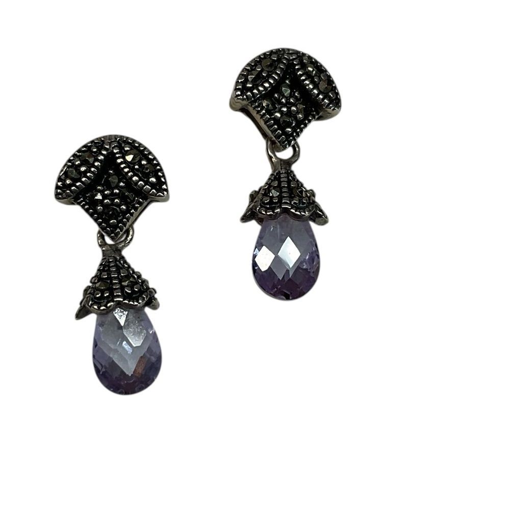 DEJ 925 Sterling Silver Marcasite and Lavender Purple Drop Dangle Post Earrings